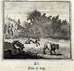 Nothing too much. Fables by Jean de La Fontaine (1621-95). Illustration by François Chauveau (1613-1676). Edition of 1728