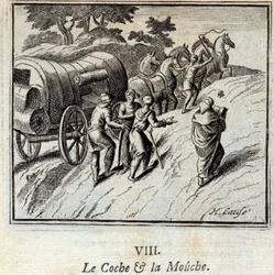 The Coach and the Fly. Fables by Jean de La Fontaine. Illustration by François Chauveau. Edition of 1728.