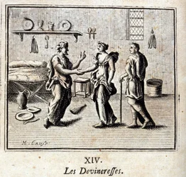 The Fortune-Tellers. Fables by Jean de La Fontaine. Illustration by François Chauveau. Edition of 1728.