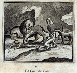 The Lion Court. Fables by Jean de La Fontaine. Illustration by François Chauveau, Edition of 1728