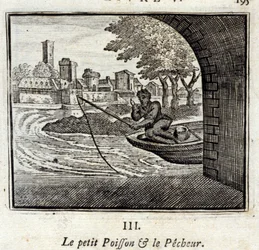 The Little Fish and the Fisherman. Fables by Jean de La Fontaine (1621-95). Illustration by François Chauveau (1613-1676). Edition of 1728