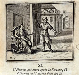 The Man Who Runs After Fortune and the Man Who Waits for Him in Bed. Fables by Jean de La Fontaine. Illustration by François Chauveau, Edition of 1728