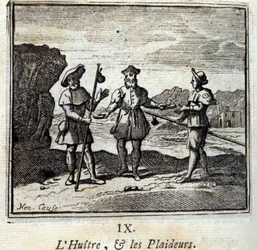 The Oyster and the Litigants. Fables by Jean de La Fontaine. Illustration by François Chauveau. Edition of 1728