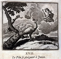 The Peacock complaining to Juno. Fables by Jean de La Fontaine (1621-95). Illustration by François Chauveau (1613-1676). Edition of 1728.