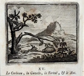 The Raven, the Gazelle, the Turtle and the Rat. Fables by Jean de La Fontaine (1621-95). Illustration by François Chauveau (1613-1676). Edition of 1728.