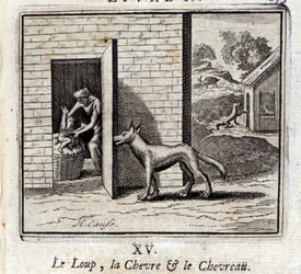 The Wolf, the Goat, and the Kid. Fables by Jean de La Fontaine. Illustration by François Chauveau. Edition of 1728