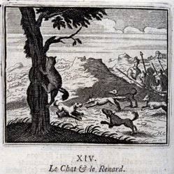 The Cat and the Fox. Fables by Jean de La Fontaine. Illustration by François Chauveau. Edition of 1728