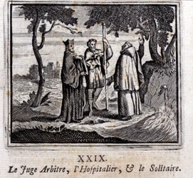 The Judge Referees the Hospitaller and the Solitaire. Fables by Jean de La Fontaine. Illustration by François Chauveau. Edition of 1728.