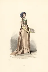 Woman in Hazelnut-Colour Dress, Fichu-Chemise and Blue Hat