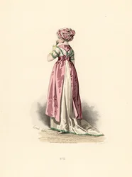 Woman in White Dress and Corsage with Green Trim, Pink Apron