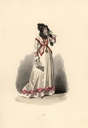 Woman in white dress ornamented with pink bouffants