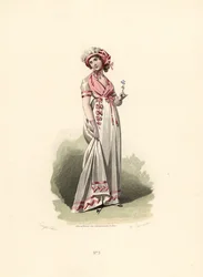 Woman in white dress, pink fichu and corsage
