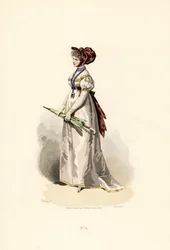 Woman in white dress with straw-coloured trim and garnet belt