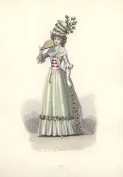 Woman in flower-trimmed outfit, era of Marie Antoinette.