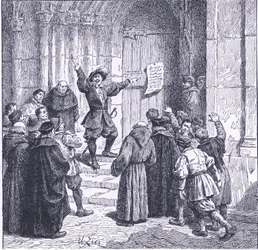 Robert Aske affixing his proclamation to the door of York Minster, from Cassells History of the British People published by the Waverley Book Company, c.1950