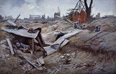 First Battle of the Somme, June - September 1916: French troops in the ruined village of Dompierre