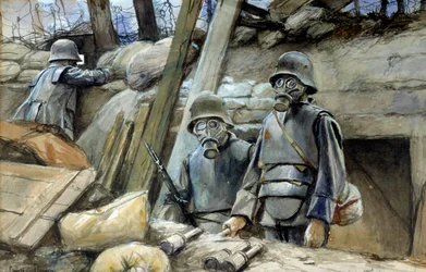 First World War: German soldiers with trench armor and gas mask, August 1917