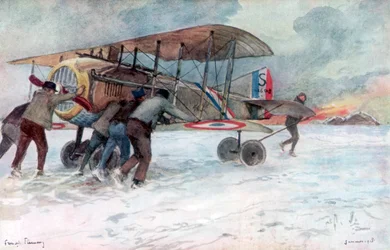 Ground crew attending to a French Spad on a snow-covered field, 1918, 1926.