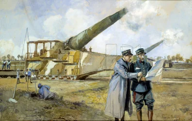 World War I: 400 battery in October 1916. ALVF or ALGP (Large Range Heavy Artillery) of the Great War Commanders observe a battle plan.