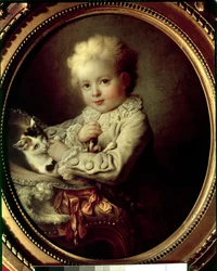 Portrait of a Young Boy Playing with a Cat