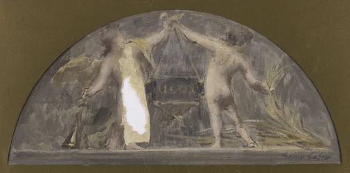 Sketch for the dining room of the Hôtel de Ville de Paris, one child holding a trumpet and the other a sheaf lifting a large box