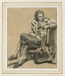 A seated man holding a club
