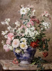 Still Life of Anemones and Roses in a Blue and White Vase. Painting by Francois Rivoire (1842-1919) Private collection.