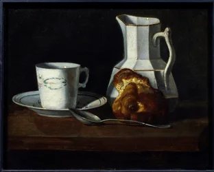 Still life with brioche, mug, and jug of milk