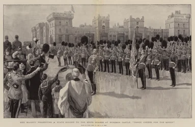 Her Majesty presenting a State Colour to the Scots Guards at Windsor Castle, Three Cheers for the Queen