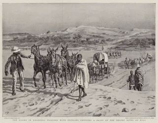 The Rising in Rhodesia, Waggons with Supplies Crossing a Drift of the Shashi River at Tuli