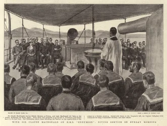 With Sir Claude MacDonald on HMS Endymion, Divine Service on Sunday Morning