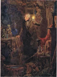 He was a little old man, with long grey hair, whose face and figure, as he held the light above his head, and looked before him