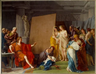 The painter Zeuxis (or Zeuxippos, Greek painter, 464-398 BC) choosing the most beautiful girls of Croton as models. Painting by François André Vincent (1746-1816). H. 3,2x4,1 m