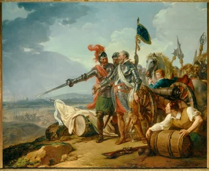 Wars of Religion: “King Henry IV Bringing Food into Paris in August 1590”. King Henry IV (1553-1610), near Paris during the siege of the city in 1590, supplies starving Parisians. Painting by François André Vincent (1746-1816), 1783. H. 1.57 x 1.92 m