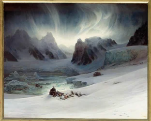 Magdalena Bay viewed from the Peninsula of Tombs, North Spitsbergen. Aurora borealis effect. 1.30 x 1.63 m