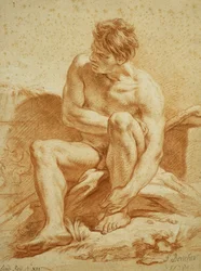 A Seated Nude with a Staff, a Relief with Putti to the Left