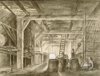 Interior of a Barn with a Family of Coopers