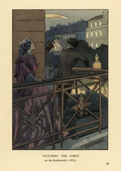 Fashionable people watching the comet of 1857 from a boulevard balcony, Paris. Woman in crinoline with binoculars. Handcoloured lithograph by R.V. after an illustration by Francois Courboin from Octave Uzanne’s Fashion in Paris, William Heinemann, London