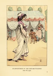 Fashionable woman arriving for an appointment at the Cafe des Tuileries, Paris, Year VI