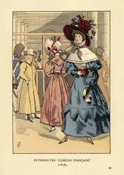 Fashionable women at a play, Paris. Woman in large bonnet with ribbons, dress with high collar, lace cape or pelerine and full sleeves en beret. Entering the Comedie Francaise