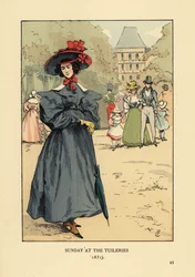 Woman promenading in Sunday Best in the park. She wears a wide-brim hat, dress with full sleeves, ankle boots and carries a parasol. Sunday at the Tuileries Garden