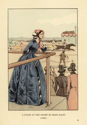 Woman watching the horse race at Champ de Mars racetrack. She wears a bonnet and blue redingote over a crinoline dress. Men in top hat and tails. A stand at the Champ de Mars races