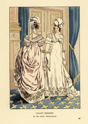 Women in feather headdresses and luxurious embroidered dresses, court of King Louis XVIII, circa 1817. Interior with blue curtains and fleur de lys carpet. Court dresses in the early Restoration, Paris. Handcoloured lithograph by R.V. after an illustration