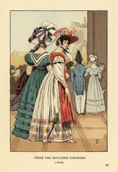 Women viewing the large cityscape inside the Boulogne Panorama, Boulevard Montmartre, Paris