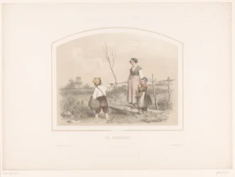 Boy Showing Lobster to a Woman and Child by a Stream