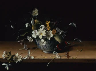 Flowers in a Blue and White Chinese Porcelain Bowl with a Red Admiral Butterfly on a Wooden Ledge