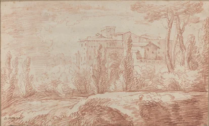 An Italian Walled Town Seen through Trees