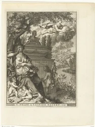 Muse and Putti Sitting by the Monument of Poet Arnold Moonen (title page for: Arnold Moonen, Continuation of Poetry, Delft 1720)