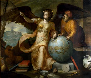 Astrology. Allegory and personification of astrology with astrological instruments and celestial globe. Frans Floris (1515-1570). Flemish painter. Genoa, private collection.