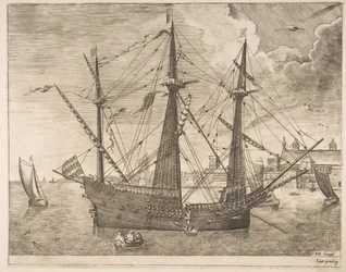Armed Three-Master Anchored Near a City